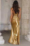 Gold Strapless Sheath Satin Sequin Prom Dress
