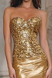 Gold Strapless Sheath Satin Sequin Prom Dress