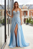 Sky Blue A Line Appliqued Strapless Prom Dress with Slit