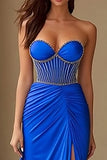 Royal Blue Strapless Corset Prom Dress with Rhinestones