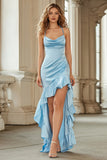 Halter High Low Sky Blue Prom Dress with Ruffles