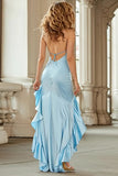 Halter High Low Sky Blue Prom Dress with Ruffles