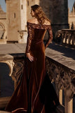Velvet Brown Off the Shoulder Mermaid Lace Holiday Party Dress