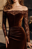Velvet Brown Off the Shoulder Mermaid Lace Holiday Party Dress
