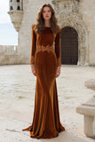 Velvet Long Sleeve Appliqued Caramel Holiday Party Dress