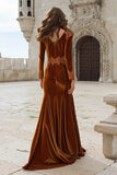 Velvet Long Sleeve Appliqued Caramel Holiday Party Dress