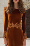 Velvet Long Sleeve Appliqued Caramel Holiday Party Dress