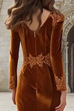 Velvet Long Sleeve Appliqued Caramel Holiday Party Dress