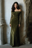Olive Velvet Appliqued Off the Shoulder Holiday Party Dress