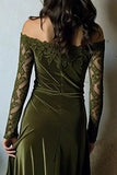 Olive Velvet Appliqued Off the Shoulder Holiday Party Dress