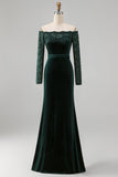 Off the Shoulder Dark Green Velvet Lace Holiday Party Dress
