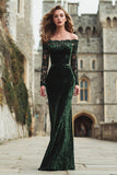 Off the Shoulder Dark Green Velvet Holiday Party Dress with Lace