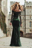 Off the Shoulder Dark Green Velvet Holiday Party Dress with Lace