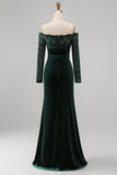 Off the Shoulder Dark Green Velvet Lace Holiday Party Dress
