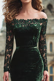 Off the Shoulder Dark Green Velvet Holiday Party Dress with Lace