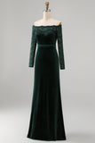 Off the Shoulder Dark Green Velvet Lace Holiday Party Dress