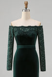 Off the Shoulder Dark Green Velvet Lace Holiday Party Dress