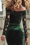 Off the Shoulder Dark Green Velvet Holiday Party Dress with Lace