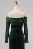 Off the Shoulder Dark Green Velvet Lace Holiday Party Dress