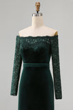 Off the Shoulder Dark Green Velvet Lace Holiday Party Dress