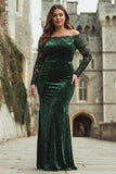 Dark Green Off the Shoulder Velvet Lace Plus Size Long Formal Dress