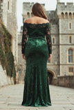 Dark Green Off the Shoulder Velvet Lace Plus Size Long Formal Dress