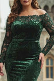 Dark Green Off the Shoulder Velvet Lace Plus Size Long Formal Dress