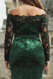 Dark Green Off the Shoulder Velvet Lace Plus Size Long Formal Dress
