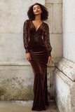 Long Sleeve V Neck Velvet Brown Mermaid Holiday Party Dress