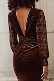 Long Sleeve V Neck Velvet Brown Mermaid Holiday Party Dress