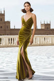 Olive Velvet Spaghetti Straps Ruched Holiday Party Dress