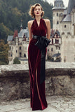 Halter Velvet Burgundy Bowed Holiday Party Dress with Sash