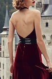 Halter Velvet Burgundy Bowed Holiday Party Dress with Sash