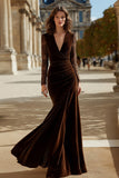 Brown Velvet Long Sleeve V Neck Holiday Party Dress