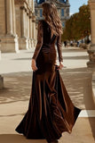 Brown Velvet Long Sleeve V Neck Holiday Party Dress