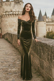 Off the Shoulder Olive Velvet Mermaid Holiday Party Dress