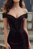 Off the Shoulder Mermaid Burgundy Appliqued Holiday Party Dress