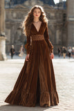 Long Sleeve Brown Velvet A Line Holiday Party Dress with Appliques