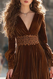 Long Sleeve Brown Velvet A Line Holiday Party Dress with Appliques