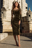Bateau Neck Olive Velvet Bodycon Holiday Party Dress with Lace