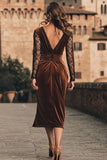 Long Sleeve Brown Velvet Lace Bodycon Holiday Party Dress