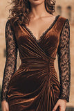 Long Sleeve Brown Velvet Lace Bodycon Holiday Party Dress
