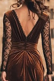 Long Sleeve Brown Velvet Lace Bodycon Holiday Party Dress