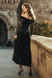Off the Shoulder Dark Green Velvet Holiday Party Dress with Lace