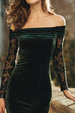 Off the Shoulder Dark Green Velvet Holiday Party Dress with Lace