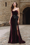 Strapless A Line Velvet Burgundy Bowed Holiday Party Dress