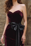 Strapless A Line Velvet Burgundy Bowed Holiday Party Dress
