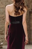 Strapless A Line Velvet Burgundy Bowed Holiday Party Dress