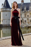 Burgundy Halter A Line Velvet Bowed Holiday Party Dress