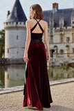 Burgundy Halter A Line Velvet Bowed Holiday Party Dress